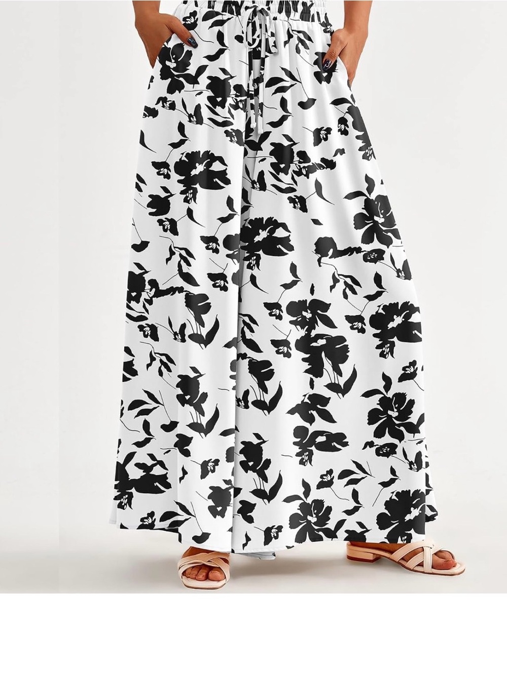 Wide-Leg Floral Print Pants - Black & White